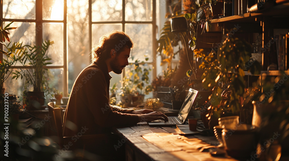 Morning Productivity: A Man Engaged in Work with Laptop on the Table, Surrounded by the Tranquil Beauty of a Serene Morning View.