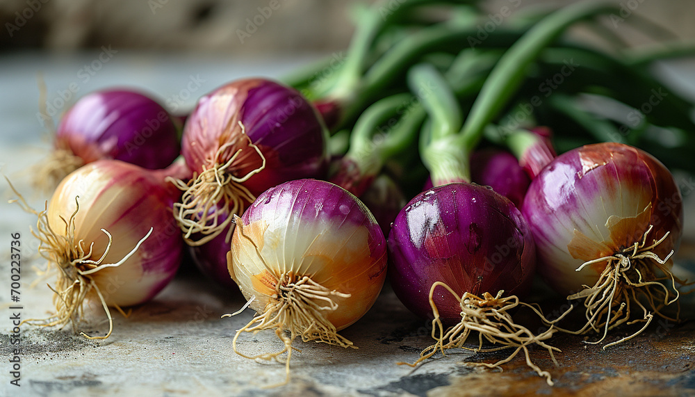 Red onions on very old oak wooden board.