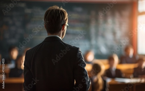 The teacher who is teaching a lesson in the classroom.The professor is standing in the classroom at the university.