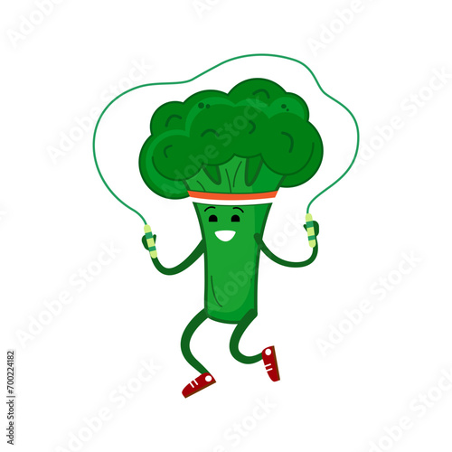 Cute broccoli jumping rope. Broccoli benefits for children. Healthy eating. Vegetarianism.
