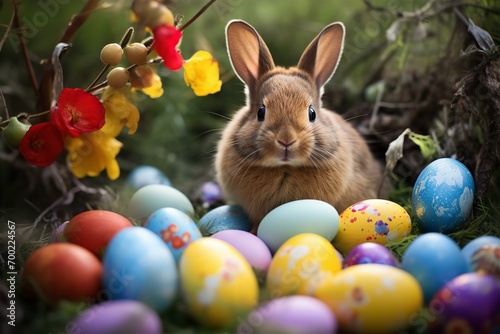 A bunny and decorated eggs on Easter Day.