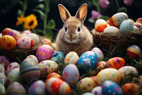 A bunny and decorated eggs on Easter Day.