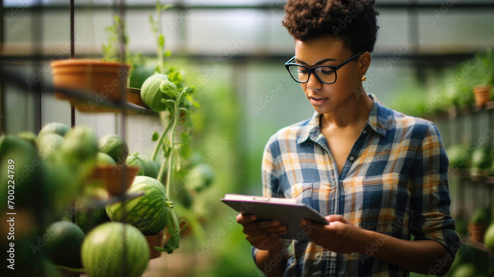 Black woman in a plaid shirt, wearing glasses, looking at a tablet in her hands, with a background of green apples growing in an orchard or greenhouse. - obrazy, fototapety, plakaty 