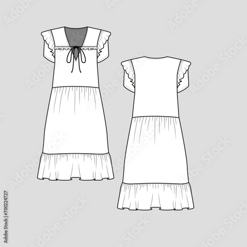 Knotted Ruffles Frill dress Short cap ruffles sleeve Ruffles flare hem clothing dresses flat sketch drawing template design vector
