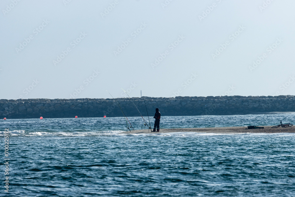 A lone fisherman stands at the seashore, casting his line into the rhythmic dance of the waves. The rhythmic sound of waves crashing on the shore provides a soothing backdrop to his patient endeavors.