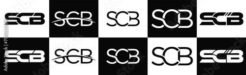 SCB letter logo design in five style. SCB polygon, circle, triangle, hexagon, flat and simple style with black and white color variation letter logo set in one artboard. SCB minimalist and classic log