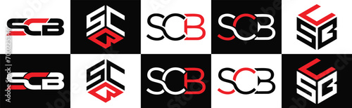 SCB letter logo design in five style. SCB polygon, circle, triangle, hexagon, flat and simple style with black and white color variation letter logo set in one artboard. SCB minimalist and classic log
