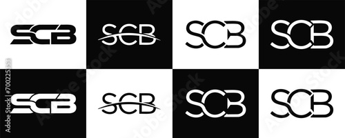 SCB letter logo design in five style. SCB polygon, circle, triangle, hexagon, flat and simple style with black and white color variation letter logo set in one artboard. SCB minimalist and classic log