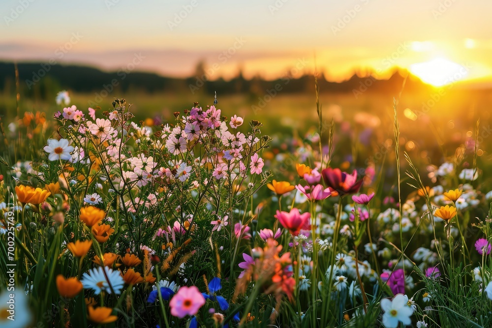 A heart-shaped patch of wildflowers in a lush meadow, with a golden sunrise or sunset casting a warm, loving glow.