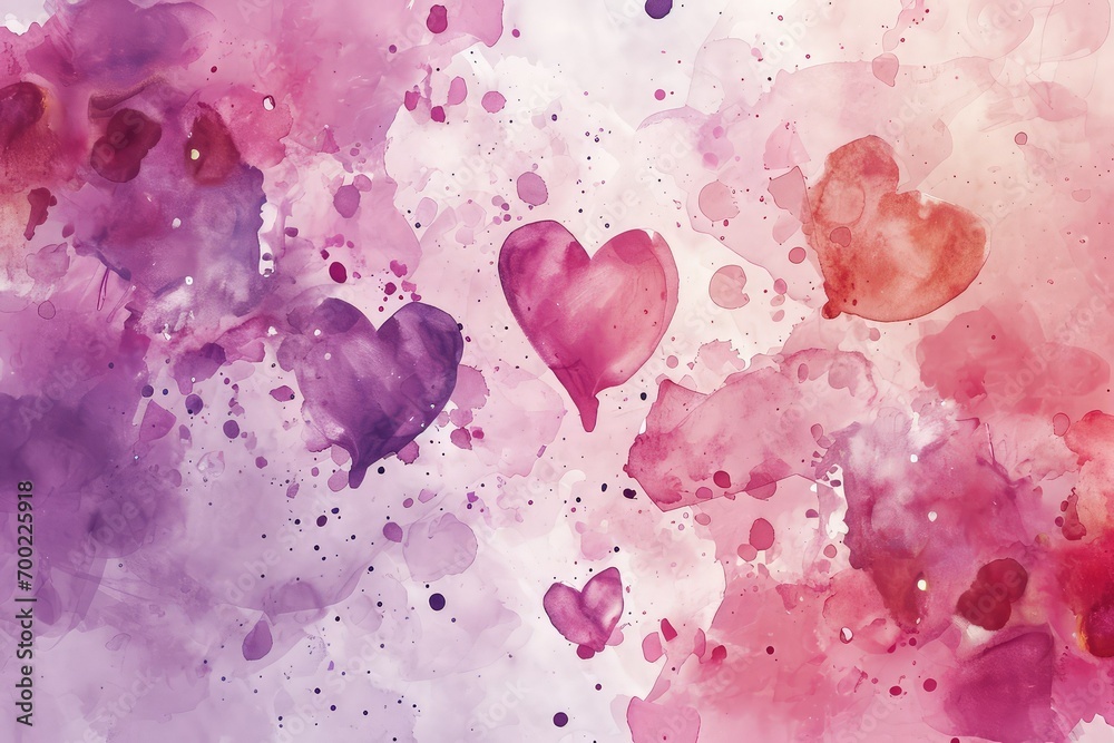Artistic watercolor wash with soft pinks and purples, featuring floating heart-shaped confetti or ink splatters, perfect for a creative Valentine's backdrop.