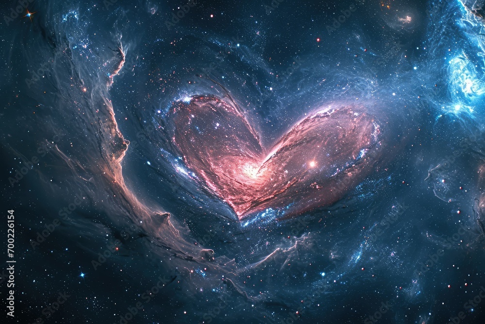 Glittering heart-shaped stars in a cosmic galaxy, with swirling nebulas and distant planets, inspiring awe and love. - obrazy, fototapety, plakaty 