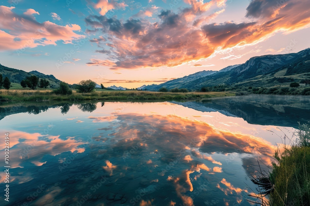 Heart-shaped cloud formations above a serene mountain landscape, reflecting in a crystal-clear lake at sunrise.
