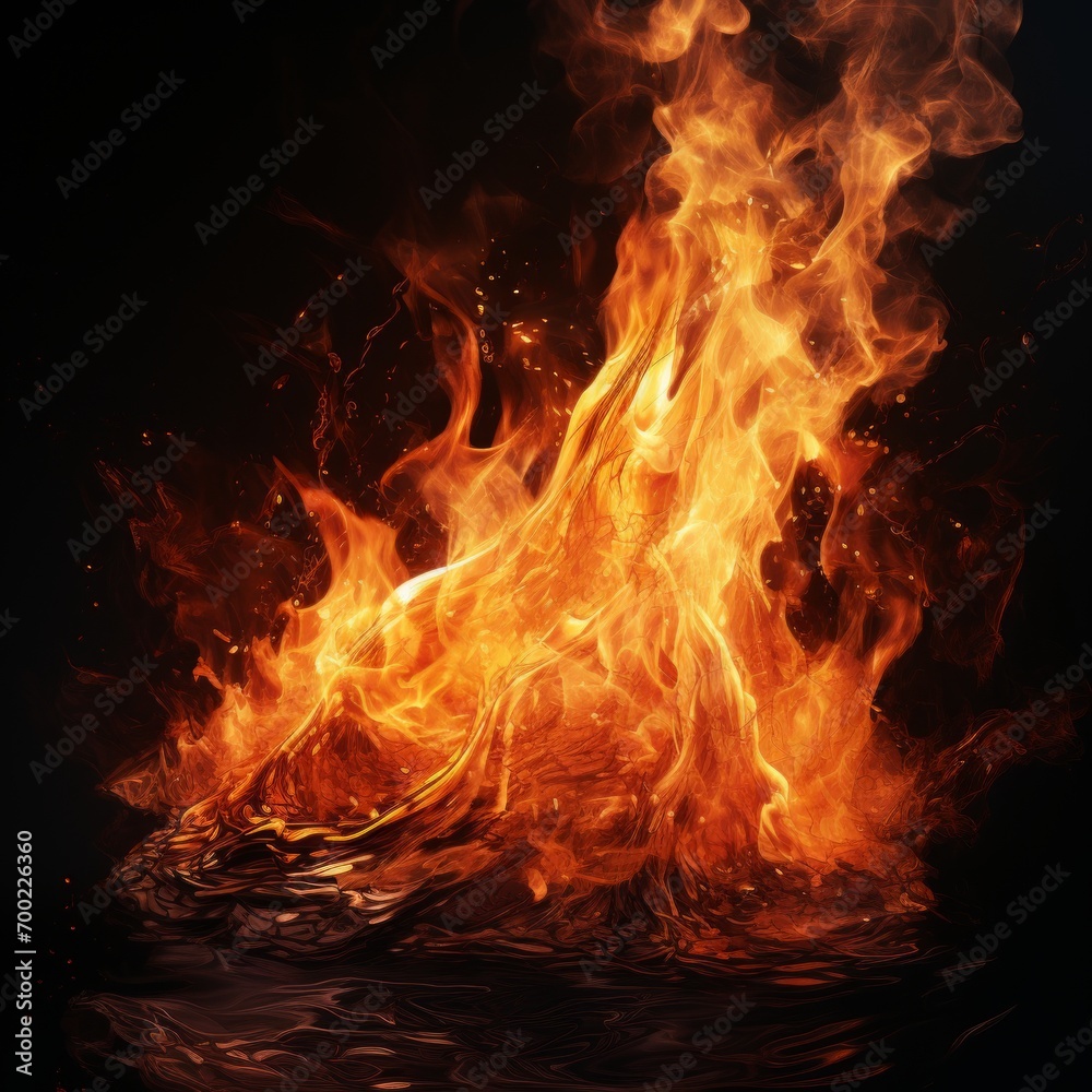 Glowing Flames in Vivid Orange, Perfect for Illustrating Concepts of Heat and Combustion. Intense Blaze Captured in High-Resolution, Ideal for Safety Campaigns and Creative Projects.
