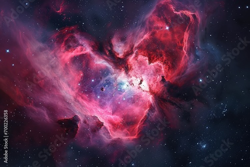 Heart-shaped nebula in deep space, with vibrant hues and sparkling stars, symbolizing infinite love and mystery. photo