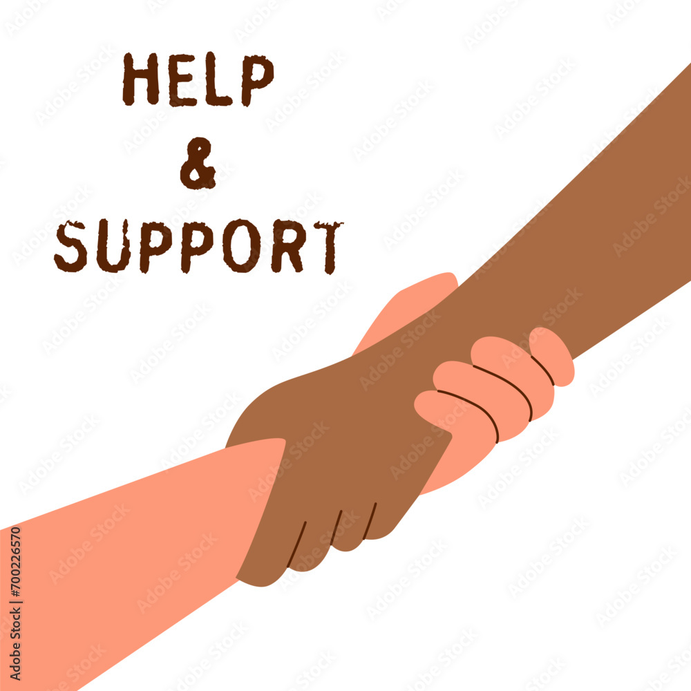 Two hands of different skin tone hold each other. Support and assistance concept. Two hands of different skin tone hold each other. Support and assistance concept.