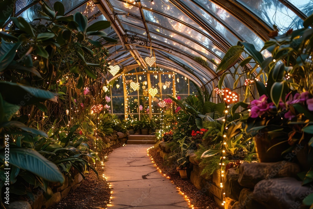 Romantic glasshouse filled with heart-shaped lanterns, exotic orchids, and a pathway lined with twinkling fairy lights.