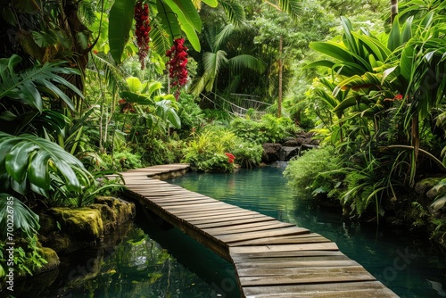 Serene heart-shaped lagoon hidden within a lush tropical rainforest, with a wooden footbridge and hanging orchids.