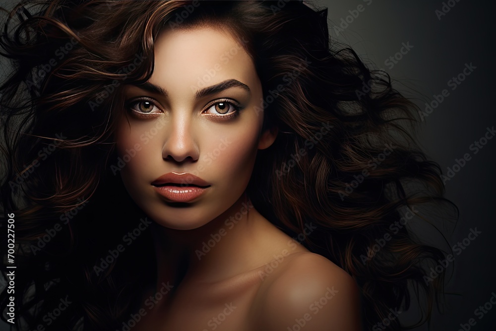 Glamorous Woman with Voluminous Curly Hair and Striking Features