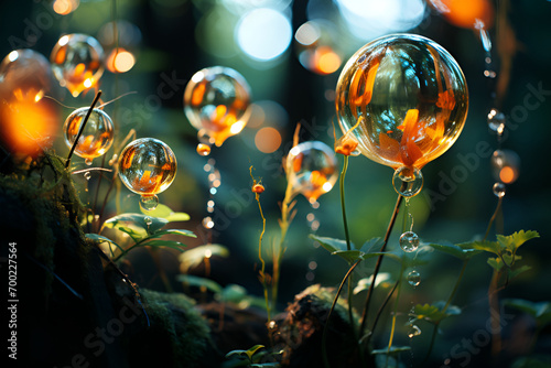 beautiful natural background with summer and soap bubbles brightly shimmer and fly