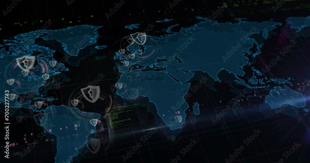 Cyber security computer protection with shield symbols over world map ...