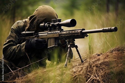 Sniper in camouflage aiming with a rifle in natural terrain