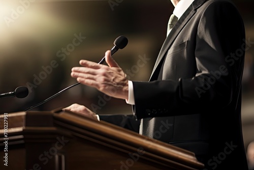 Public figure giving a speech at a podium, public speaking