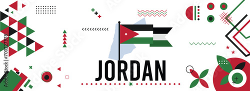 Jordan national or independence day banner for country celebration. Flag and map of Jordan modern retro design with typorgaphy abstract geometric icons. Vector illustration.	
 photo