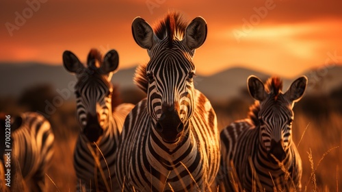 Portrait of zebra herd group in african savanna walking