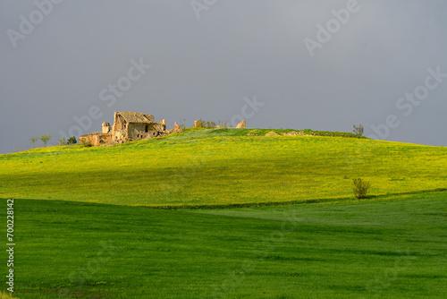 Abandoned Farmhouse on a Green Rural Hill