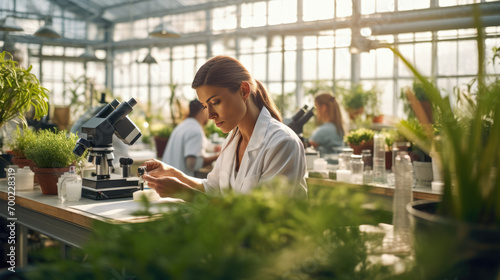 Female scientist in a lab coat examining plants with a microscope in a greenhouse photo