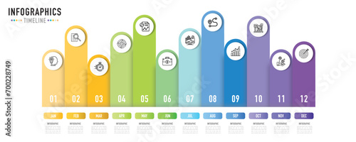 Timeline rectangular infographic template or element with 12 months, step, process, option, colorful circle, pin, tag, rectangle, journey, navigation for planner, sale slide, calendar, paper origami
