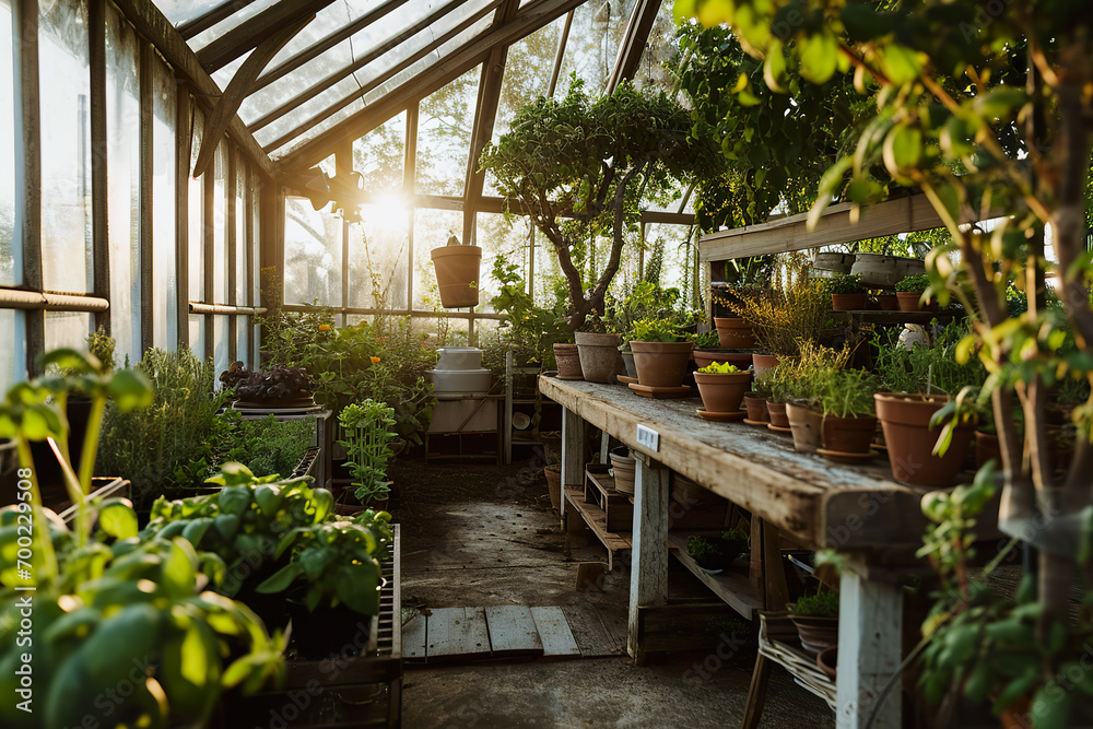 Organic herb garden inside a greenhouse.