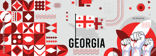 Georgia national or independence day banner for country celebration. Flag and map of Georgia with raised fists. Modern retro design with typorgaphy abstract geometric icons. Vector illustration	 photo