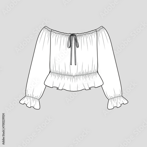 Off shoulder knotted Top  knot tie Elastic Gathering ruffles Hem Tunnel drawstring tie up  fashion clothing flat sketch technical drawing template design vector