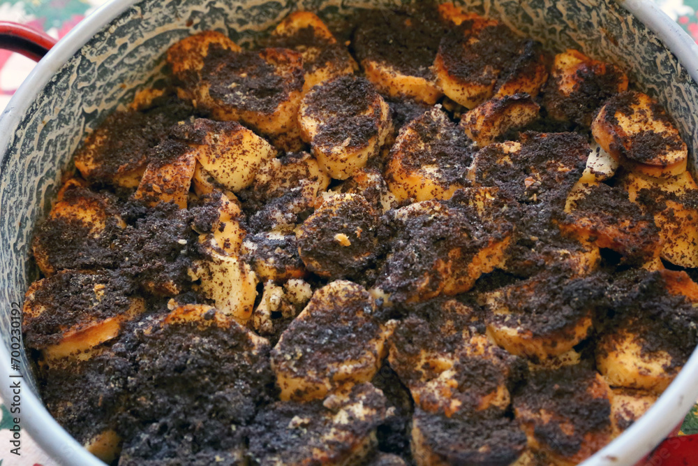 Freshly baked hungarian christmas mákos guba in a hot pan Freshly baked hungarian christmas mákos guba in a hot pan