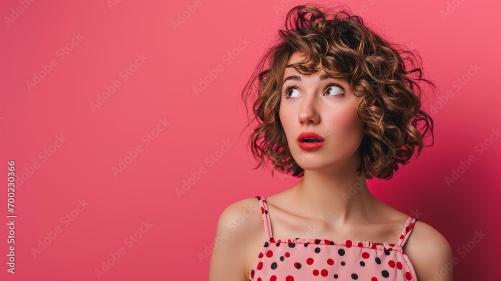 Surprised Young Woman with Curly Hair Against a Pink Background in a Retro Polka-dot Dress