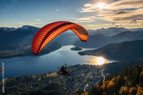 Person paraglides above a lake or sea, gliding between mountains during a beautiful sunset. The image captures the thrill of adventure and the serene beauty of nature in a mesmerizing moment.
