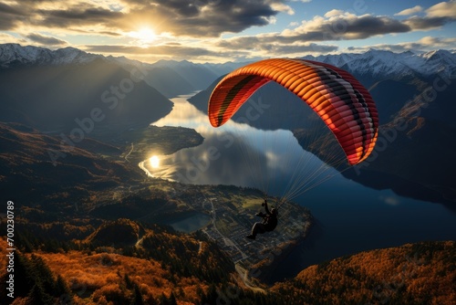 Person paraglides above a lake or sea, gliding between mountains during a beautiful sunset. The image captures the thrill of adventure and the serene beauty of nature in a mesmerizing moment.