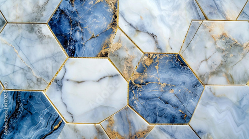 Abstract golden blue and white gray geometric marble stone tiles, marbled mosaic tile wall texture background, copy paste area for texture