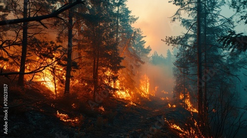 fire in a forest park on a walking trail, take care of nature, banner, copy space photo