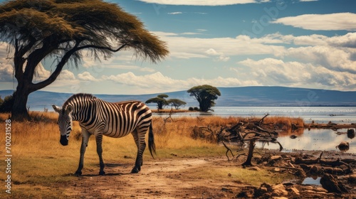 Portrait of zebra herd group in african savanna walking