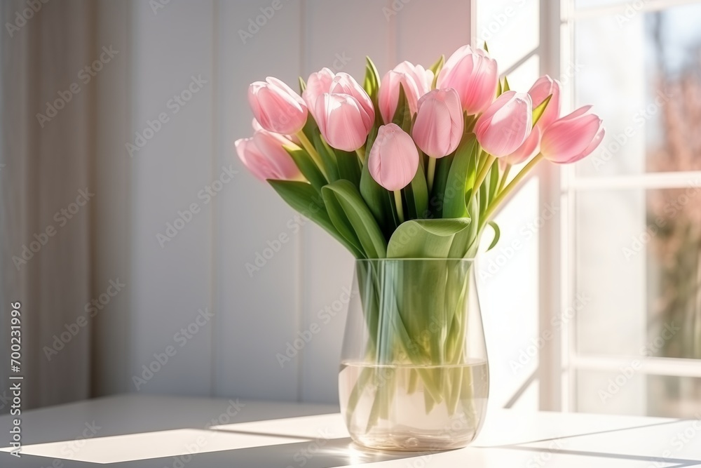Pink flowers in glass vase on the window sill, daylight pours from the window Pink flowers in glass vase on the window sill, daylight pours from the window