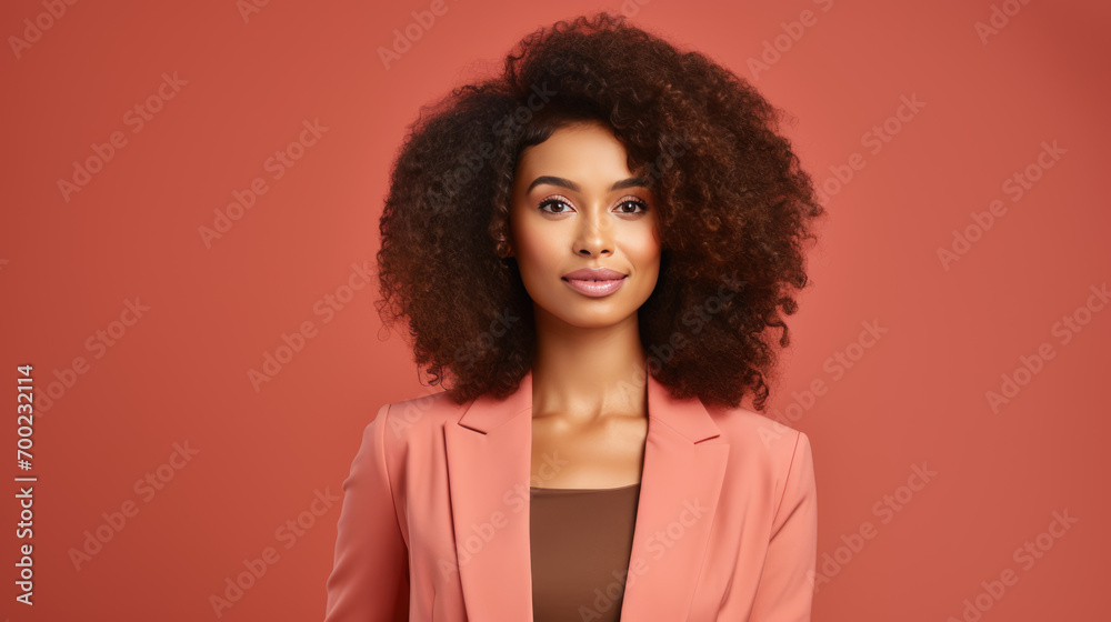 Portrait of a woman with afro-textured hair against a burnt orange background, exuding elegance and confidence. Portrait of a woman with afro-textured hair against a burnt orange background, exuding elegance and confidence.