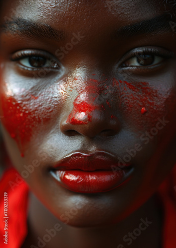 gros plan sur un visage d'une femme à la peau noire éclaboussée de peinture de couleur rouge et de sueur, regard intense photo