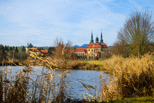 Velehrad, church, cathedral, faith, landscape, water, pond, lake, trees, forest, nature, architecture