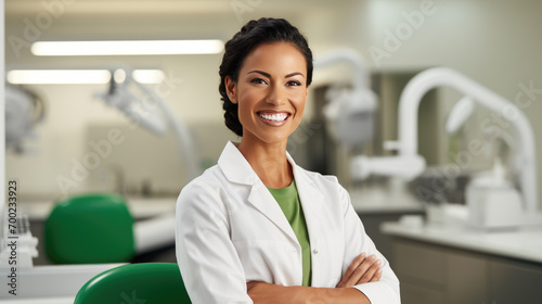 Portrait of female dentist in clinic