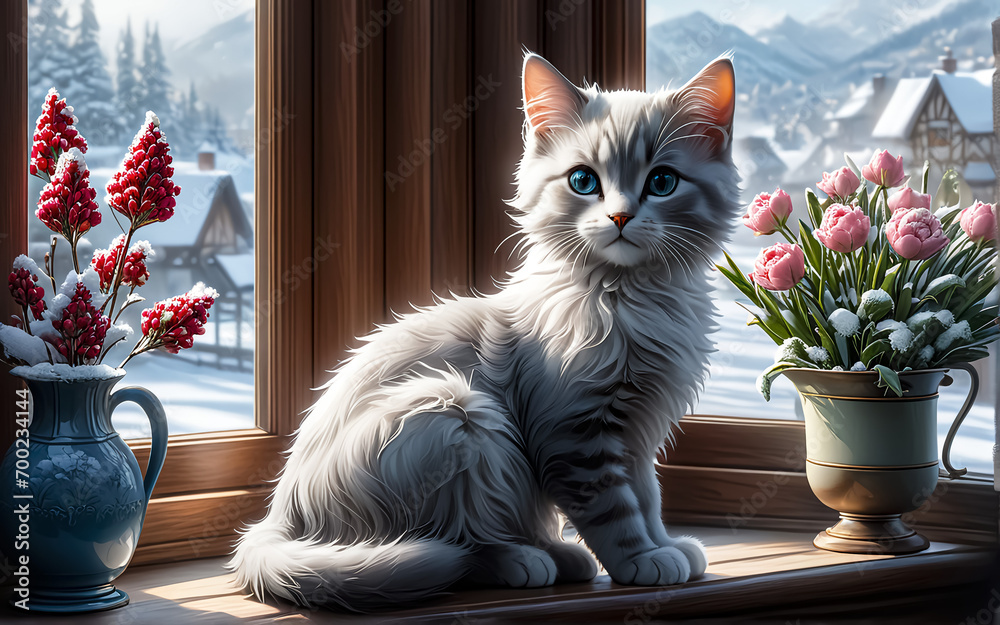 A kitten is sitting on the windowsill next to a bouquet of flowers.	
