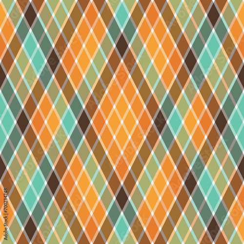 Vector seamless retro pattern with orange, yellow, droun and blue rhombus