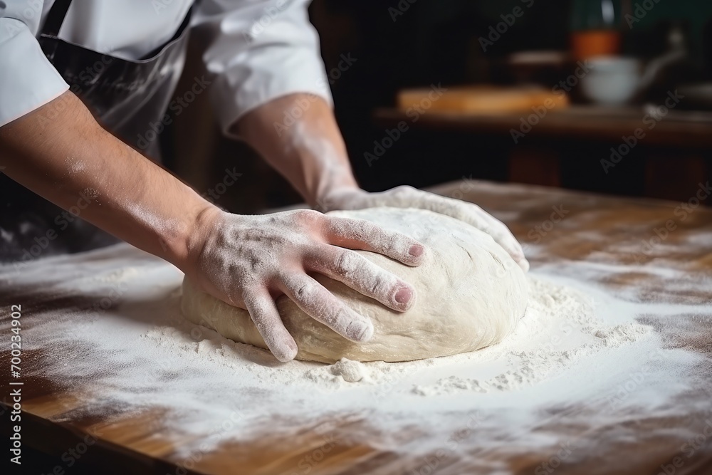A baker kneads dough on a floured surface, preparing to create delicious bread or pastries, with the aroma of freshly baked goods filling the kitchen, depth of field control method, manga, 4K