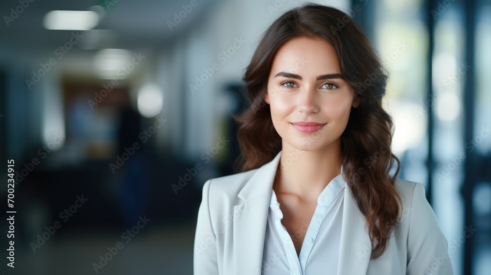 a business woman in light cream, beautiful confident woman in office with blurred staff working background, Generative AI